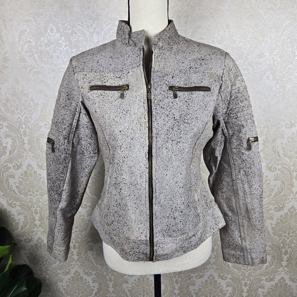 Moto Leather Jacket Size Medium Cream with Brown Pattern Mandarin Collar Pockets